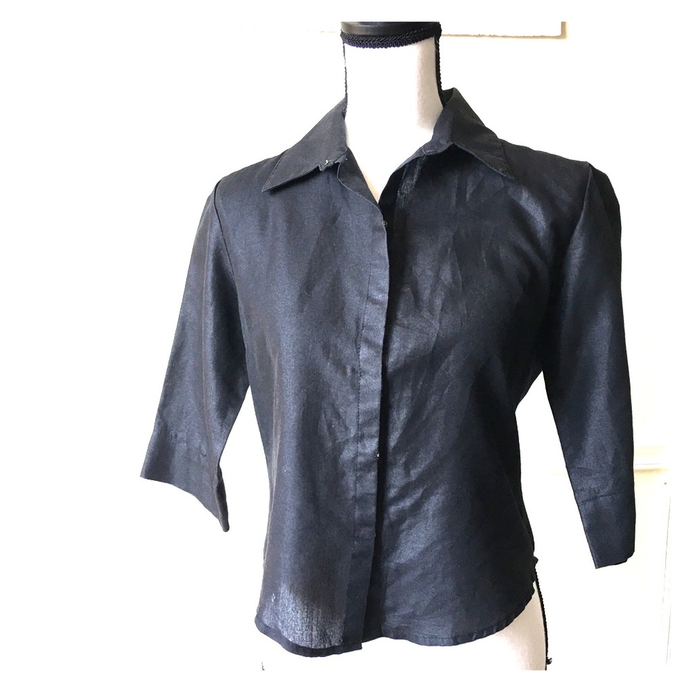 Goth crop shiny wax linen black button down shirt